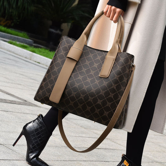 2024 women's bag new temperament women's handbag commuting soft leather large capacity tote bag embossed shoulder messenger bag