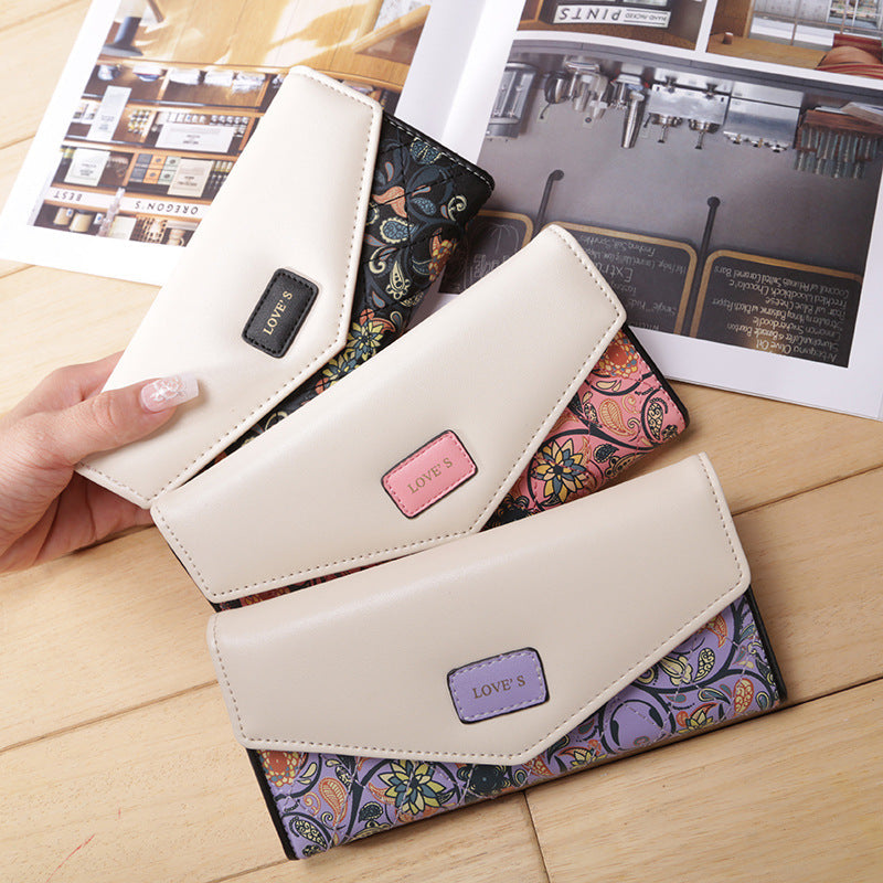 Popular Korean version of foreign trade small flower rhombus contrast color envelope buckle women's purse long purse handbag leather bag