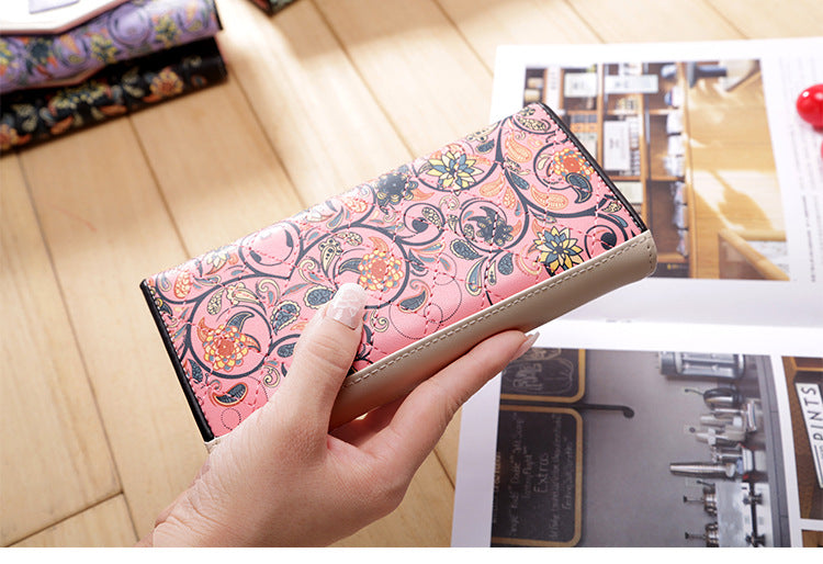 Popular Korean version of foreign trade small flower rhombus contrast color envelope buckle women's purse long purse handbag leather bag