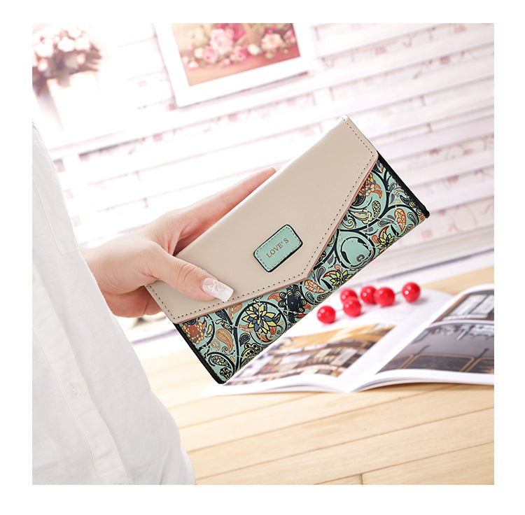 Popular Korean version of foreign trade small flower rhombus contrast color envelope buckle women's purse long purse handbag leather bag